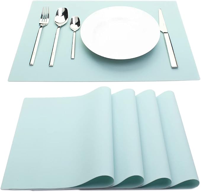 IYYI Silicone Placemats, Dining Placemats Set of 4, Waterproof Placemats for Kids, Non-Slip Silicone Mats for Dinner Table, Heat Resistant & Dishwasher Safe (Light Blue, 17.6" ×12.5")