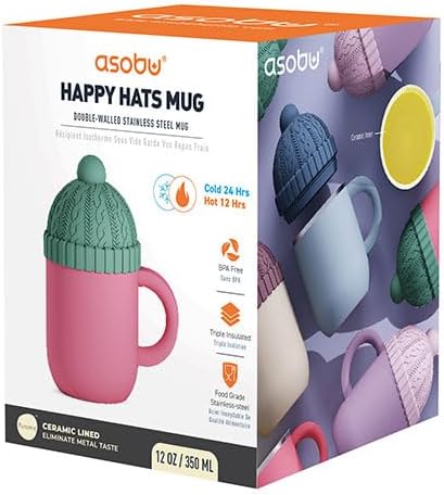 asobu Happy Hat Mug – 12 oz Double-Walled Stainless Steel Insulated Cup with Beanie-Shaped Lid – Ceramic Inner Coating – Spill-Proof and Ergonomic Design for Home and Travel (Red)