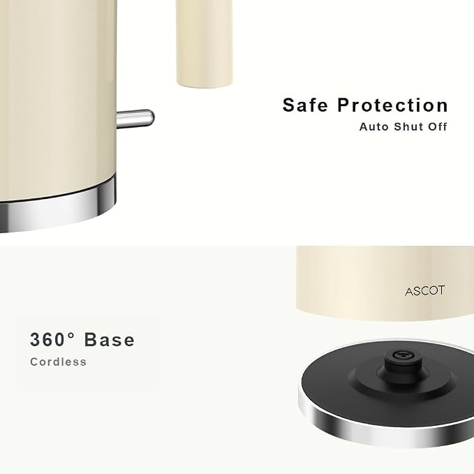 ASCOT Electric Kettle, 1.5L Stainless Steel Interior, Plastic-Free, 1500W Fast Boil, Retro Design, Auto Shut-Off & Boil-Dry Protection, Cream