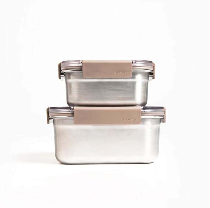 LocknLock Stainless Steel Food Storage Container Set with Lids, 2 Pack Metal Lunch Boxes, Airtight and Leak Proof, Microwave, Freezer and Dishwasher Safe, 700ml and 1300ml