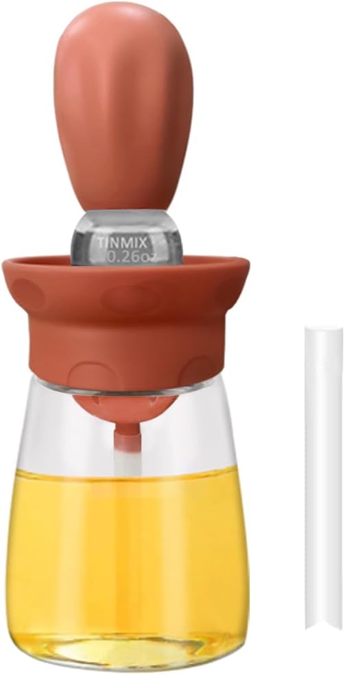 Oil Dispenser with Brush - 2 IN 1 Glass Olive Oil Dispenser Bottle with Silicone Basting Brush for Kitchen BBQ Grilling Baking Cooking, T-OB22, Red