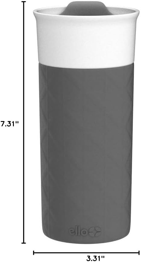 Ello Ogden Ceramic Travel Mug with Splash-Resistant Slider Lid and Protective Silicone Boot, Perfect for Coffee or Tea, BPA Free, Dishwasher Safe, Gray, 16 oz, 758-0438-040 | Splash-resistant ceramic travel mug with slider lid and protective silicone s...
