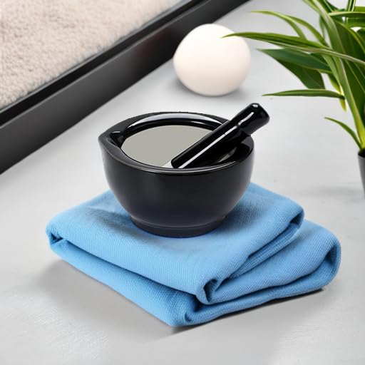 Mortar and Pestle Set (3.2 Inch-Black) | Ceramic stoneware, sturdy, multi-purpose, spice/herb/pill, easy-clean, non-slip, comfy, dishwasher-safe, compact, elegant