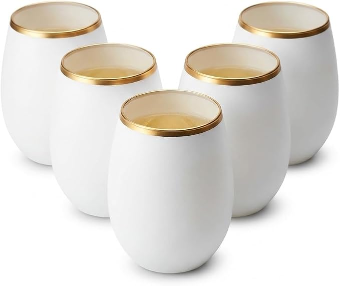 Oojami 40 Pack Disposable Plastic Wine Glasses 12 Oz Stemless Gold Rim Cups | BPA-Free Unbreakable Cocktail Champagne Whiskey Cups, White Matte, for Wedding Party Bars Home Office, Oojami Fancy Drinkware