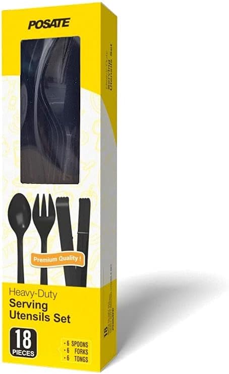 Plastic Serving Utensils Set, 18 Piece, 9" Black