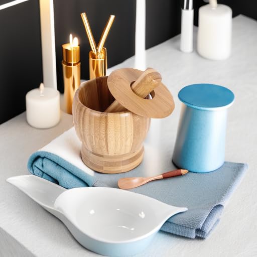Mortar and Pestle Set with Lid and Spoon, 100% Natura Bamboo Spice Grinder, Crush, Press, Mash Spices, Herbs, Garlic, Pepper, Guacamole, Nuts, Fruit, 4.6 inch Mortar and Pestle Set Bowl for Kitchen