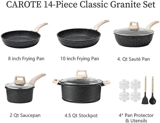 CAROTE Nonstick Cookware Sets, Pots and Pans Set, 14pcs | Lightweight & Durable, Easy to Clean, Even Heating, All-Stovetop Compatible, PFOA-Free Cooking Set