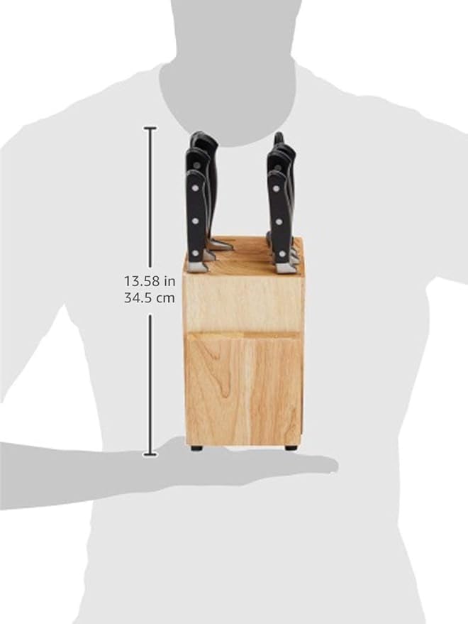 Amazon Basics 9-Piece High-Carbon Stainless Steel Kitchen Knife Set with Ergonomic Handles, Full Tang Construction, Pine Wood Block, Black