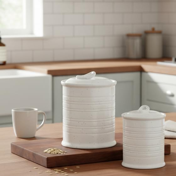 Nihow Food Storage Jar, Ceramic Canister Sets for The Kitchen,Set of 4 | Air Tight Ceramic Lid, Flour/Sugar/Rice/Coffee/Cookies/Candy,Matte White