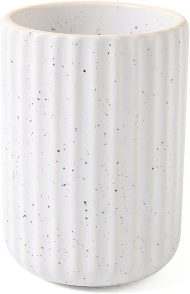 TOPYOKK Stoneware Coffee Bar Utensil Holder Tea & Coffee Spoon & Stirrer Holder for Stir Stick Straw Teaspoon Holder Espresso Spoon Cup Small Utensil Jar Fluted Vertical Stripe (Speckled White)