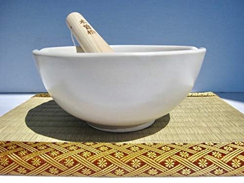 Made in Japan Ripple Ridge Mortar and Pestle Suribachi & Surikogi Set 6.6 Inches for Both Right and Left Handed Mino Ware Pottery Ivory (Medium Milky-White)