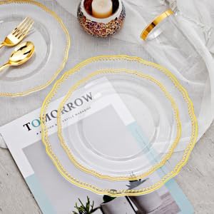 175 Pcs Clear Gold Plastic Plates, Serves 25, for Wedding & Party | Clear plastic plates with elegant gold rim & glitter-handle cutlery. Perfect for weddings. Durable and easy to clean.