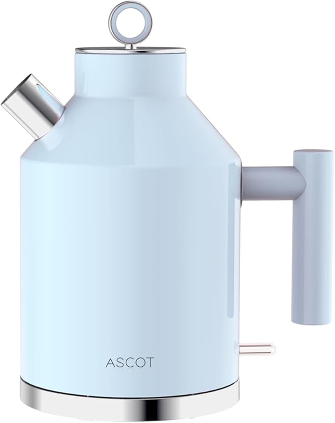 ASCOT Electric Kettle, 1.5L Stainless Steel Interior, Plastic-Free, 1500W Fast Boil, Retro Design, Auto Shut-Off & Boil-Dry Protection, Light Blue