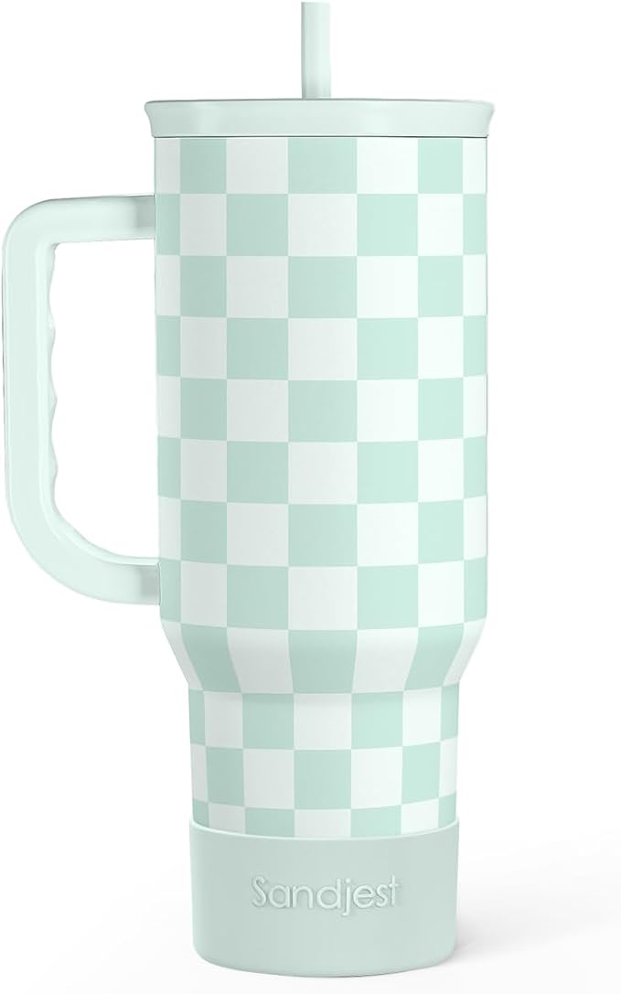 Checkered Tumbler with Handle 40oz, Mint Checker Cup Stainless Steel Insulated Tumblers Coffee Travel Mug Cups with Straw, Gifts for Women Girls Teen Birthday Christmas