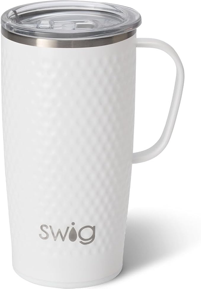 Swig Life 22oz Insulated Travel Mug with Handle & Lid, Golf Ball | Triple Insulated Stainless Steel - Handle & Lid Included - Keeps Coffee Hot or Cold - Cup Holder Friendly
