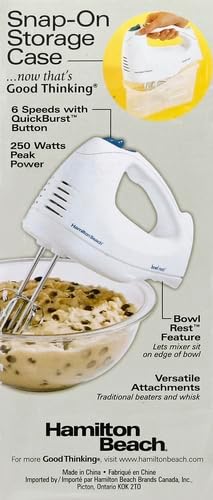 Hamilton Beach 6-Speed Electric Hand Mixer with Whisk,Traditional Beaters,Snap-On Storage Case,250 Watts,White,(Pack of 2)
