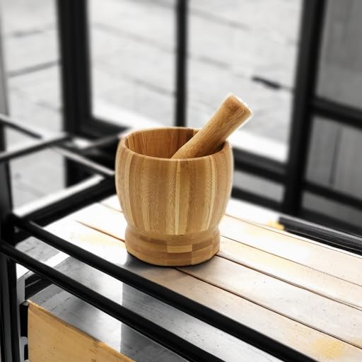 Wooden Pestle and Mortar Bamboo Bowl Set Guacamole Bowl Shell Garlic Pepper Press Mincer Grinder Chopper Crusher Molcajete Mixer for Guacamole,Herbs,Spices,Garlic,Medicine Pills,Seeds - Large