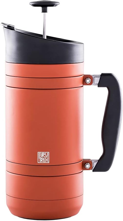 BruTrek by Planetary Design | BaseCamp French Press | 48 fl.oz - RedRock | Double Wall Insulated Stainless Steel - Bru-Stop Technology, No Grounds in Coffee, No Spill Lid (Red Rock, 48 fl.oz)