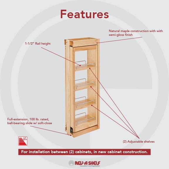 Rev-A-Shelf Kitchen Cabinet Pullout Wall Filler Wooden Organizer Slide Out Pantry Storage w/Soft-Close in Multiple Sizes, 6 x 33 in, 432-WFBBSC33-6C