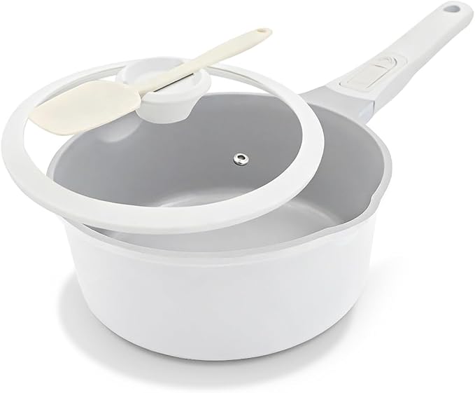 AIKENBBKK Sauce Pan with Lid, 2 Qt Ceramic Saucepan with Lid, Non Stick Sauce Pan, Milk Pot & Sauce Pot & Saucepan with Pour Spout, Detachable Handle Milk Pan, Induction Compatible, Oven Safe, White
