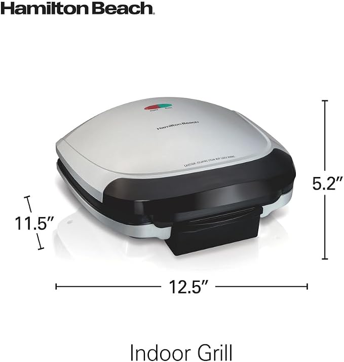 Hamilton Beach Electric Indoor Grill With Floating Hinge For Thicker Food | Large 90 sq. in. PFAS-Free Non-Stick Cooking Surface Fors 6 Burgers | Easy Clean Plates | 1200 Watts | Silver | 25371MN