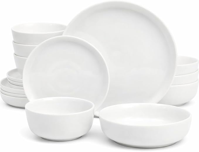 Gibson Home Plates and Bowls Sets - Dinnerware Set for 4, 16-Piece White Dishes — Ceramic Dish Set| Microwave & Dishwasher Safe Dishes - Oslo Collection