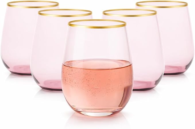 Oojami 40 Pack Diamond Disposable Wine Glasses Stemless 12 oz Pink Gold | Unbreakable Shatterproof BPA-Free, Reusable Recyclable Plastic Wine Cups for Wedding Party Cocktail Whiskey Champagne