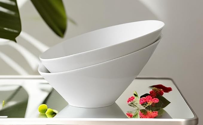 Yesland 24oz White Ceramic Serving Bowls Set of 2, 9.5" Angled Salad Pasta Bowls, Dishwasher Microwave Safe for Soup, Ramen, Cereal, Rice, Noodle, Kitchen & Restaurant Use