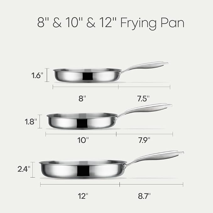 CAROTE 3-Piece Tri-Ply Stainless Steel Frying Pan Set, Skillet Set 8"/10"/12", Induction Compatible, Oven & Dishwasher Safe, Silver Handle