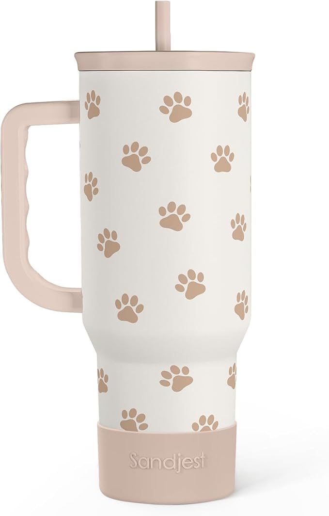 Paw Print Tumbler with Handle, Gifts for Dog Mom, Stainless Steel Insulated Tumblers Coffee Travel Mug Cup, Gift for Women Girls on Birthday Christmas Mothers Day, 40oz