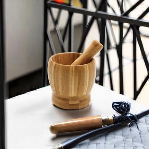 Wooden Pestle and Mortar Bamboo Bowl Set Guacamole Bowl Shell Garlic Pepper Press Mincer Grinder Chopper Crusher Molcajete Mixer for Guacamole,Herbs,Spices,Garlic,Medicine Pills,Seeds - Small