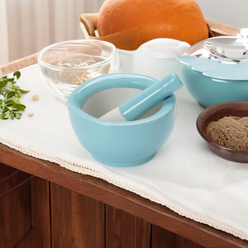 Mortar and Pestle Set (3.2 Inch-Turquoise) | Ceramic stoneware, sturdy, multi-purpose, spice/herb/pill, easy-clean, non-slip, comfy, dishwasher-safe, compact, elegant