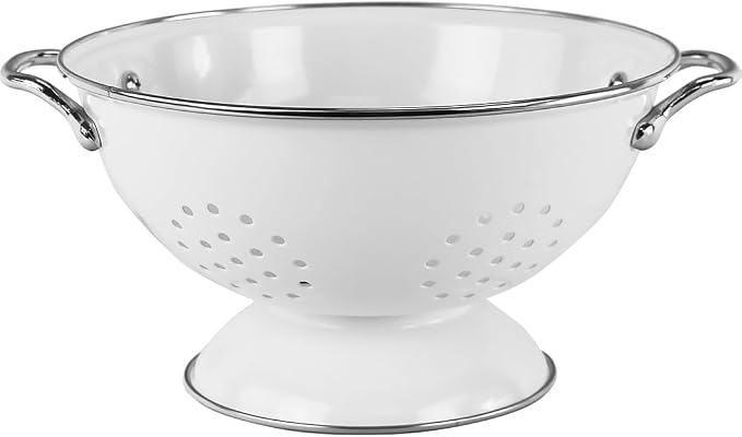 Reston Lloyd, 3 Quart Powder Coated Steel Kitchen Strainer Basket for draining Pasta, Vegetable and Fruit, Chrome Handles and Wide Stable Base, White