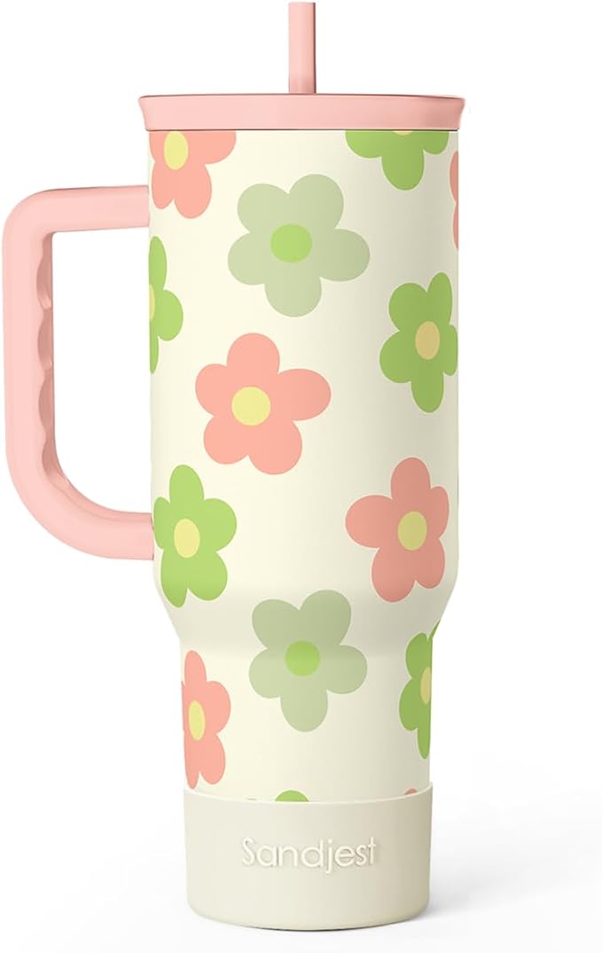 SANDJEST Daisy Tumbler with Handle 40oz, Floral Cup Stainless Steel Insulated Tumblers Coffee Travel Mug with Straw, Flower Cups Gifts for Women Girls Teens Birthday Christmas