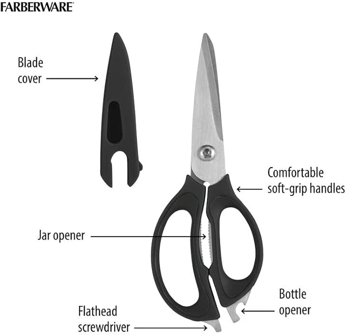 Farberware 4-in-1 Kitchen Scissors with Black Handle, High-Carbon Stainless Steel Shears with Jar Opener, Bottle Opener and Screwdriver, Kitchen Shears for Food Prep