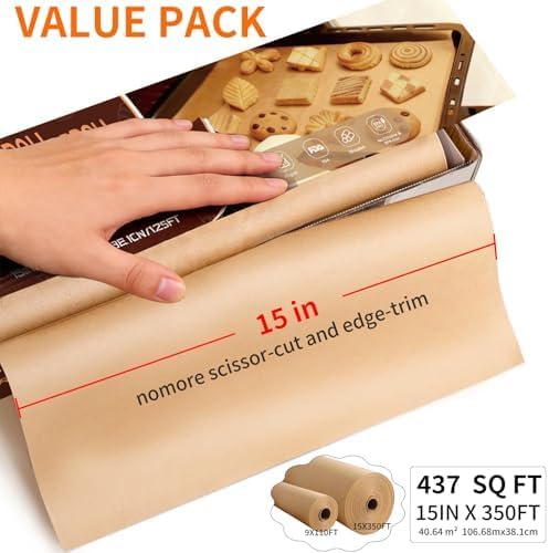 Unbleached 15x350 ft Parchment Paper Roll, 437 Sq.Ft, Non Stick Brown Extra Long Baking Paper Sheets with Serrated Cutter for Cooking, Baking, Grillin, Steaming Bread Cookies, Oven/Air Fryer/Microwave