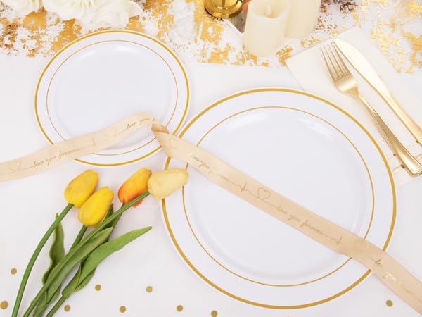 GATHER 176PCS White and Gold Plastic Plates for Wedding and Party | Gold Disposable Plates include 50 Plates, 75 Silverware, 25 Napkins, 25 Cups, 1 Tablecloth for Bridal Shower