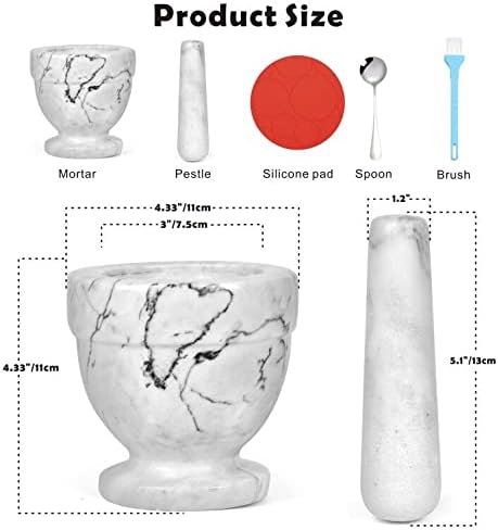 Mortar and Pestle Marble Set for Spices Pestos Seasonings Pastes Guacamole Bowl Herb Grinder Easy to Clean Included:Silicone Mat,Brush,Stainless Steel Spoon 4.33inch(Small,White Gray)