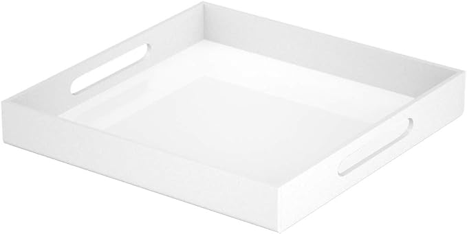 NIUBEE Acrylic Serving Tray 12x12 Inches -Spill Proof- White Decorative Tray Organiser for Ottoman Coffee Table Countertop with Handles