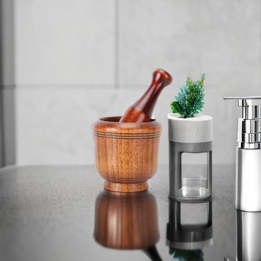 Wooden Mortar and Pestle Set, Traditional Spice Grinder Manual Garlic Masher Pepper Press Ginger Crusher Herb Spices Grinder Set Kitchen Gadgets