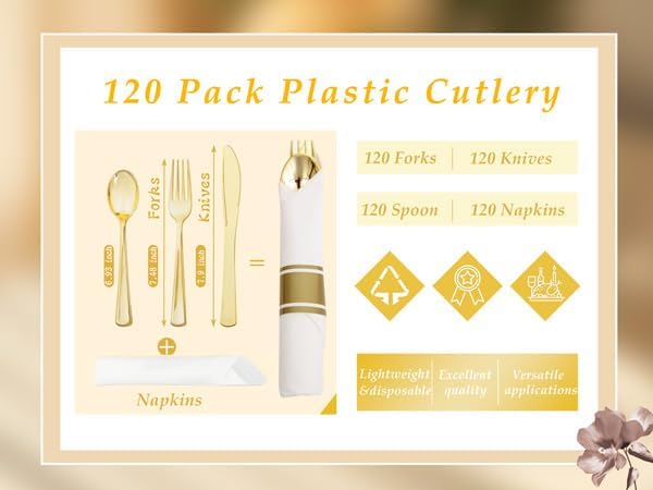 120 Pack Gold Plastic Silverware Wrapped Cutlery Set with Napkin | Heavy Duty Pre Rolled Disposable Gold Utensils Wrapped Flatware Cutlery Set for Wedding, Party & Catering