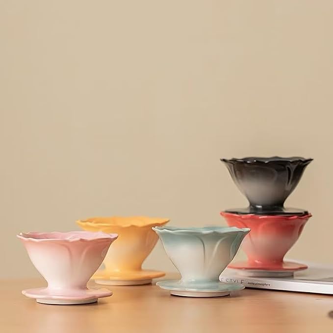 Ceramic Pour Over Coffee Dripper Flower Shape V60-01 (Lemon) | 20Pcs filters included, Wide base fits most mugs, Sturdy quality ceramic, Balanced taste coffee brew