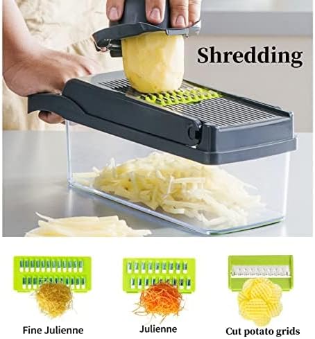Vegetable Chopper, Onion Dicer & Mandoline Slicer with Container, black | Veggie Cutter with 8 Stainless Steel Blades & Drain Basket. Fast Food Chopper for Salad, Potato, Tomato, Cucumber & Carrot