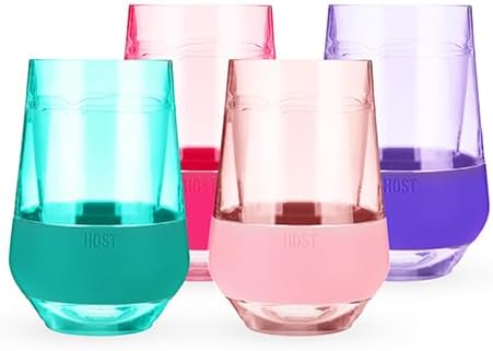 Host Freeze XL Wine Cooling Cups for Gifts for Mom, Birthday Gifts for Women, Double Wall Insulated Plastic Wine Glasses for Red and White Wines, Freezable Plastic Tumblers, 12 oz, Set of 4, Assorted