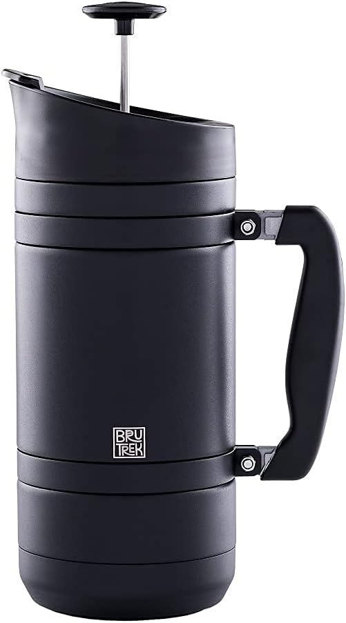 BruTrek by Planetary Design | BaseCamp French Press | 48 fl.oz - Obsidian | Double Wall Insulated Stainless Steel - Bru-Stop Technology, No Grounds in Coffee, No Spill Lid (Obsidian, 48 fl.oz)