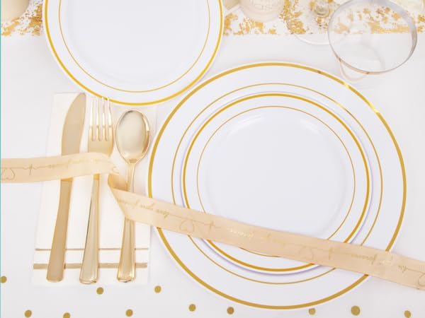 GATHER 176PCS White and Gold Plastic Plates for Wedding and Party | Gold Disposable Plates include 50 Plates, 75 Silverware, 25 Napkins, 25 Cups, 1 Tablecloth for Bridal Shower