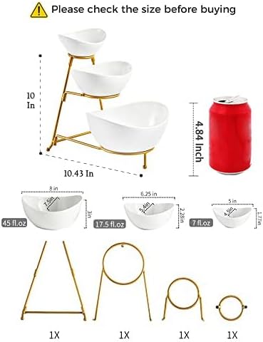 LYEOBOH 3 Tier Serving Bowls Set Tiered Serving Stand, Porcelain Oval Bowls with Collapsible Metal Stand for Entertaining, Party, Dessert Display, Candy, Chip and Dip (Gold)-45oz / 17.5oz / 7oz