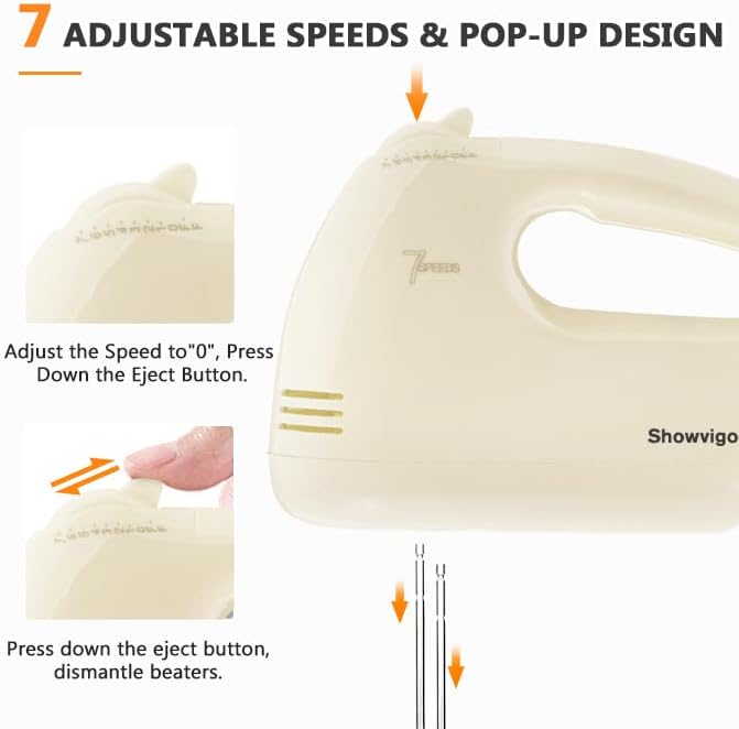 Handmixer Electric Handheld - 7 Speed Portable Kitchen Mixer Electric with 5 Stainless Steel Accessories Whisk, Food Beater for Whipping Mixing Cookies Cakes Eggs, Beige