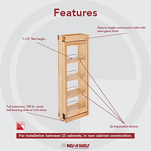 Rev-A-Shelf Kitchen Cabinet Pullout Wall Filler Wooden Organizer Slide Out Pantry Storage w/Soft-Close in Multiple Sizes, 6 x 33 in, 432-WFBBSC33-6C
