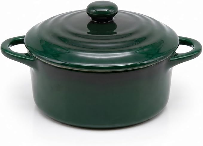 Kook Mini Cocotte, Lids, Handles, Dutch Oven, Set of 4, 12 oz, Forest Green | Individual Baking Ramekins, Microwave Dishwasher Safe Stoneware, Small, Bread, Sourdough, Souffle, Casserole, Oven Safe 500F